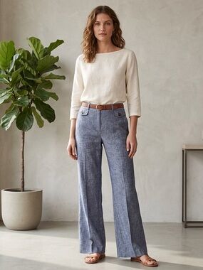 GAP High Rise Baby Boot Cut Flare Pants, Size 12, Blue, Linen Blend